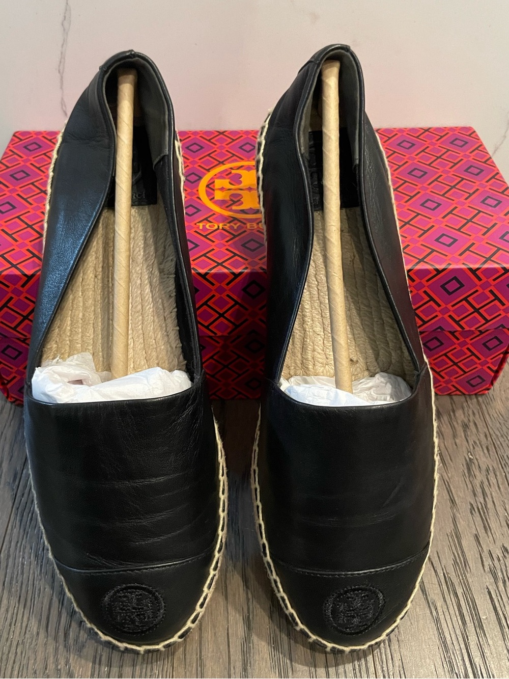 Tory Burch Black Leather Cap-Toe Espadrille Flats (Size 7.5)